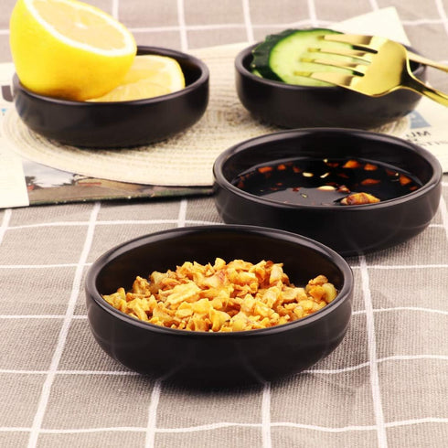 3.5" Ceramic Side Dish Set of 4 - Small Porcelain Soy Dipping Sauce Dishes - Black Seasoning Bowls Dinnerware Sets for Serving...