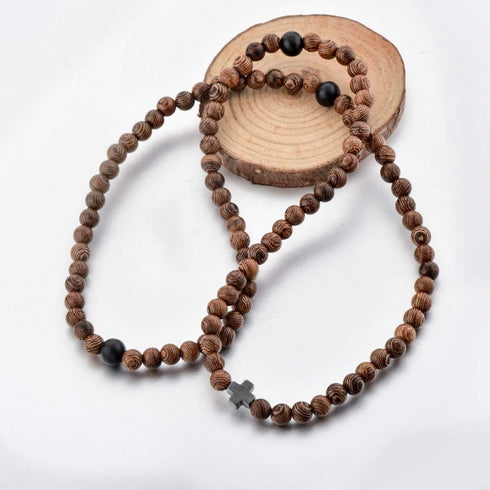 Christian Prayer Beads Rope Bracelet | Wooden Beads + Hematite Cross | Women Men Children | Great Gift for any Occasion!...