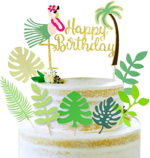 ALISSAR Flamingo and Leaf Cake Topper, Tropical Happy Birthday Cake Topper, Ahola Hawaiian Birthday Party Decoration Supplies...