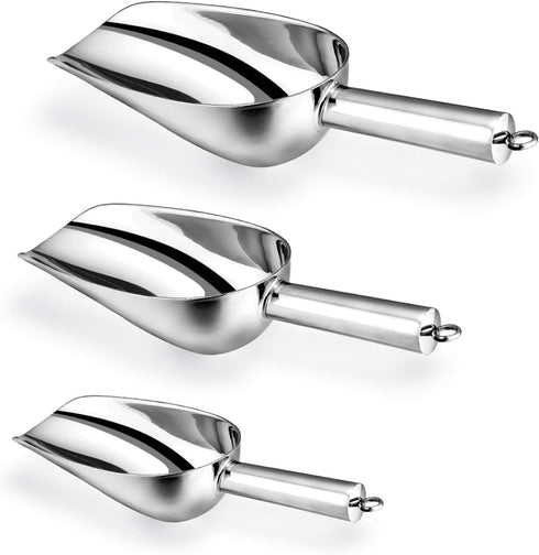 Ice Scoop, E-far Stainless Steel Kitchen Utility Scoop Set, Ideal for Ice Cube/Coffee Bean/Food/Candy/Flour/Popcorn, Set of 3 (5-8-12 Ounce)...