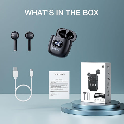 T11 Wireless Earbuds for iPhone Android with LED Power Display for Small Ears, 50H Play Time, Waterproof Earbuds Wireless Bluetooth with Mic (Blac...