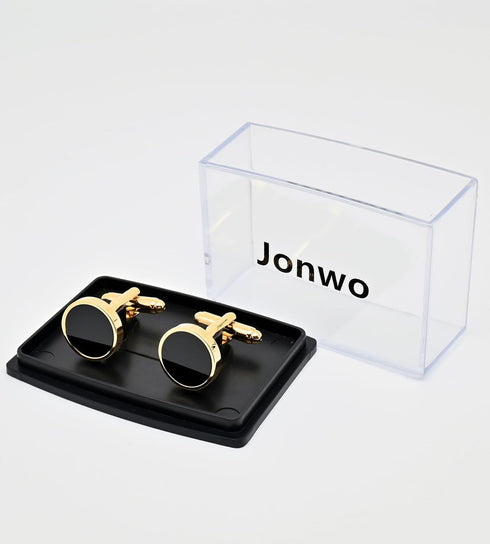 14K Gold Plated Round Mens Cufflinks with Black Agate In Gift Case Classic Round Golden Cufflinks for Men Jewelry for Wedding Party Business Birth...