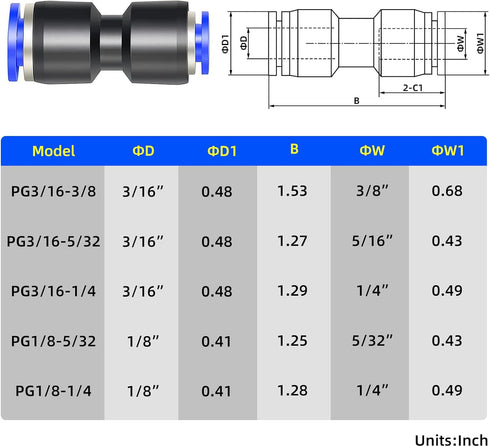 TAILONZ PNEUMATIC Blue Straight Reducing 3/16" Tube OD x 3/8" Tube OD Tube OD Push to Connect Tube Fittings Push Lock PG3/16-3/8 (Pack of 10)...