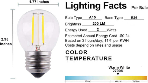 Dimmable A15 Style Mini LED Globe Bulb with LED Filament, 2W 200lm, 25W Incandescent Replacement, E26 Regular Base, 2700K Warm White Light Color, ...