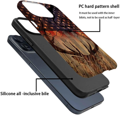 DJSOK Case Compatible with iPhone 15 Plus,Creative Wood Grain American Flag Deer Phone Case Colorful Fall Protection Shell Hybrid 2-Layer Hard She...