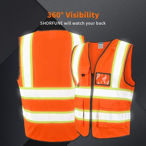 High Visibility Safety Vest with Pockets, Mic Tab, Reflective Strips and Zipper, ANSI/ISEA Standards,Oange,M...