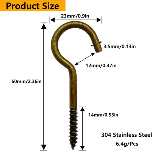 20 Pcs Stainless 2.36 Inches Screw Hooks for Outdoor String Lights, Ceiling hooks for hanging plants, Christmas Lights & Patio Lights Hooks, Bronz...