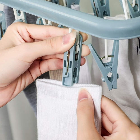 Clothes Drying Hanger with 32 Clips and Drip Foldable Hanging Rack (Light Blue)...