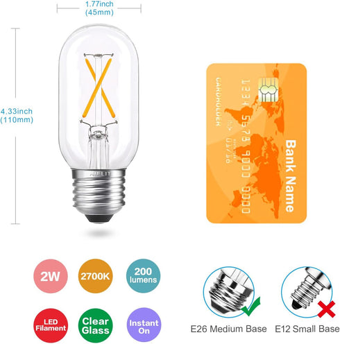T45/T14 LED Bulb Dimmable, 2W Tubular Light Bulbs 25 Watt Equivalent, Vintage Filament Edison Bulb for Open Style Pendant Lights, E26 Medium Base,...