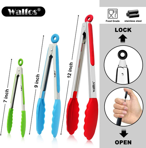 Walfos Silicone Tongs for Cooking - Heat Resistant kitchen tongs for Salad,Cooking, Grilling,Stainless Steel and BPA Free Silicone Tips set of 3 (...