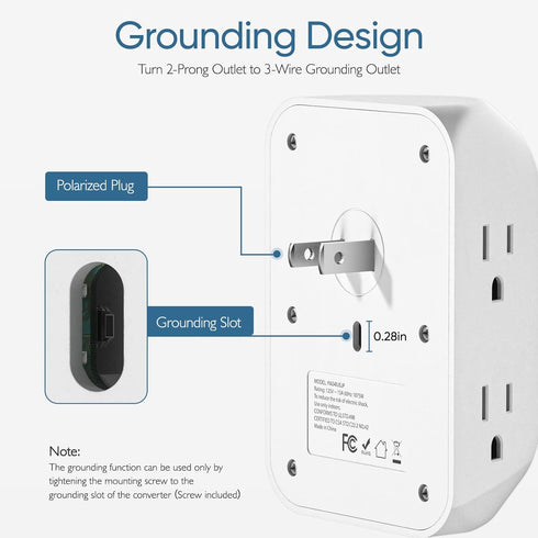 LENCENT 2 Prong Power Strip, 3 to 2 Prong Grounding Outlet Adapter, Polarized Plug, Surge Protector, 3-Sided 6 Outlets Widely Spaced Extender, Mou...
