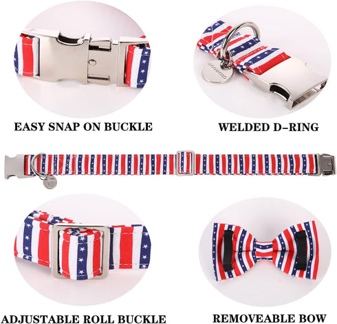 DOGWONG American Flag Dog Collar with Bowtie, Flag Cotton Dog Collar Comfortable Durable American Dog Collar - Memorial Day Collar for Small Mediu...