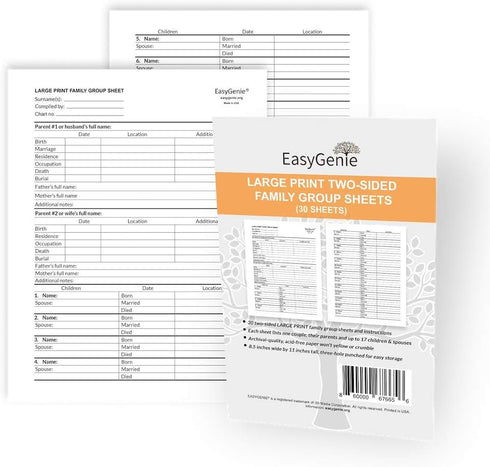 LARGE PRINT Two-Sided Family Group Sheets (30 Sheets) by EasyGenie | Archival-Quality Genealogy Forms To Fill In...