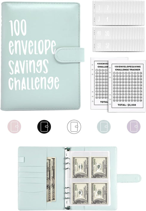 100 Envelopes Money Saving Challenge Budget Binder, 52 Week Money Binder for Cash Saving Budget Book with Pouches Blue...