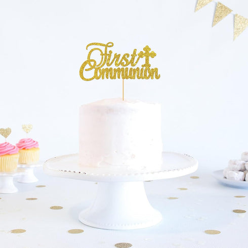 Gold Glitter First Communion Cake Topper - First Communion Cake Decoration for Kids - God Bless Cake Topper...