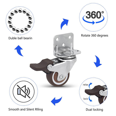 Side Mount Casters Set of 4 with Brake,1.25inch L-Shape TPR Plate Casters,Small Wheels for Furniture Wheels, Baby Bed, suitcase,Cabinet Wheels,Tab...