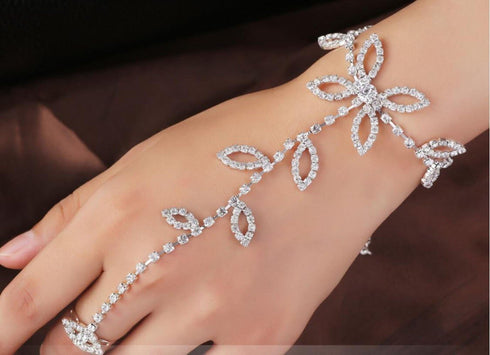 yueton Rhinestone Leaf Hand Harness Bracelet Bangle Fashion Ankle Bracelet Anklet with Chain Link Finger Ring for Women Sandals Beach Foot Jewelry...