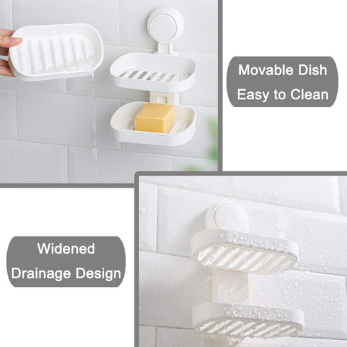 Double Layer Soap Dished Holder Suction Cup, Soap Bar Holder with Drainage Design for Soap Saver, Wall Mounted Soap Tray for Bathroom Shower, Reus...