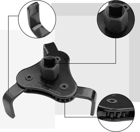 Universal Adjustable Oil Filter Wrench, Carbon Steel, Black, 1/2 & 3/8 Inch Square Drive Socket, 3-Jaw & 2-Way Design...