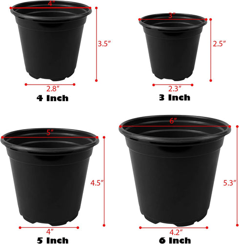 24pcs 3 4 5 6 Inch Nursery Pots Variety Pack, Flexible Plastic Plant Pots with Drainage Holes, Round Nursery Pot for Plastic Plants, Black Flower ...