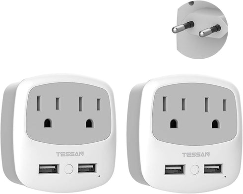 TESSAN European Travel Plug Adapter 2 Pack, US to Europe Power Adaptor with 2 USB 2 AC Outlets, International Charger USA to Most of EU Italy Icel...