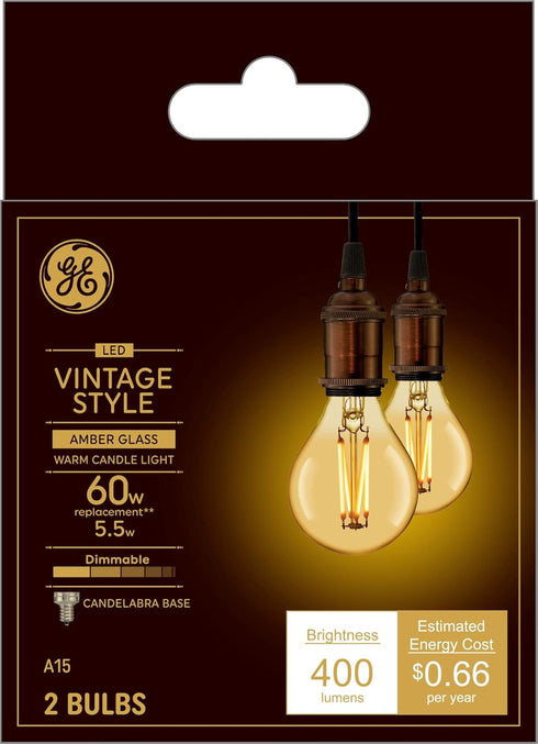 GE Lighting Vintage Style LED Light Bulbs, 60 Watt Eqv, Amber Glass, Warm Candle Light, A15 Standard Bulb, Small Base (2 Pack)...