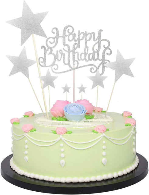Allazone 1 PCS 'HAPPY BIRTHDAY' Cake Topper & 7 PCS Pentacle Stars Cake Toppers Decoration - Silver...