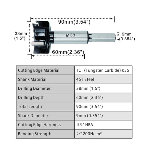 Forstner Drill Bits 38mm (1-1/2 inch) Tungsten Carbide Upgraded Version 3-Cutter Higher Hardness Wood Hole Saw Auger Opener Woodworking Drilling T...
