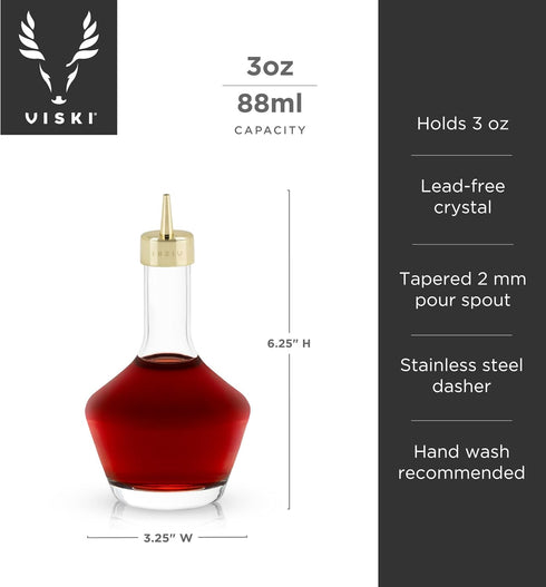 Viski Belmont Crystal Glass Cocktail Bitters Bottle with Gold Dasher Top, Elegant Barware for Cocktail Party or Special Occasion, Home Bar Accesso...