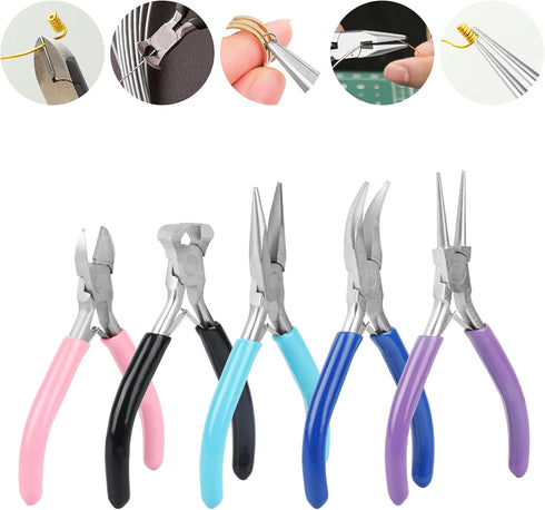Jewelry Pliers, 5 Pack Jewelry Making Pliers Tools with Needle/Chain Nose Pliers, Round Nose Pliers, Bent Nose Pliers, End Nipper Pliers and Wire ...
