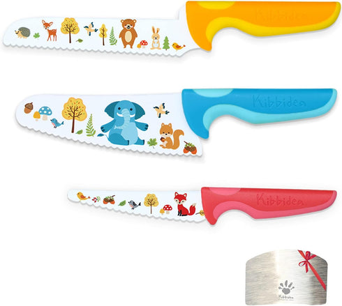 Kids Knife Set for Real Cooking, 4pcs Kids Safe Kitchen Cutting Knives, Stainless Steel Blades, Children First Starter knife, BPA-free (Multicolor...