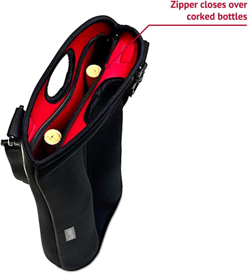 2 Bottle Wine Carrier Travel Bag - Thick Insulating Neoprene Wine Tote- Expandable 2 Bottle, Taller Design - Zipper Closes over Corked Bottles, Ad...