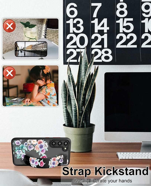 Galaxy S23 Case Cute with Strap Stand Finger Kickstand, Case for Flower Floral Designer for Girls Aesthetic Cool Silicone Compatible with Samsung ...
