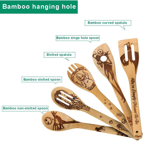 Halloween Idea Utensil Burned Wooden Spoons Set House Warming Wedding Present Slotted Spoon 5 Piece SpoonSet...