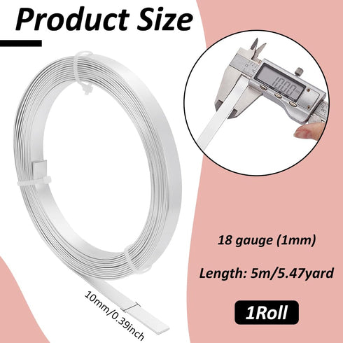 BENECREAT 16.5 Feet 10mm Wide Flat Jewelry Craft Wire 18 Gauge Aluminum Wire for Bezel, Sculpting, Armature, Jewelry Making - Silver...