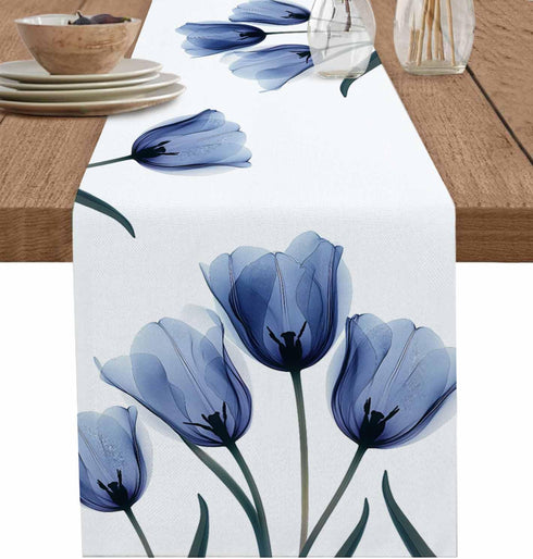 Floral Table Runner-Blue Tulip Cotton Linen-Long 72 inche Dresser Scarves,Flower Rustic Tablerunner for Kitchen Coffee/Dining Table Bedroom Home L...