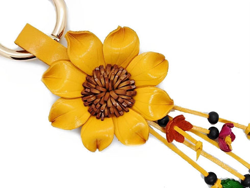 Leather Flower Keychain Purse Tassels Charms Women Handbags Designer Bag Accessories Keyring Decor Yellow Flower 7" Long...