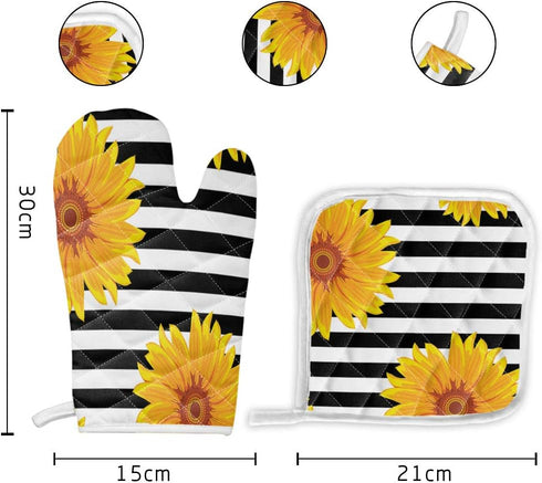 Set of Oven Mitt and Pot Holder, Sunflowers Oven Gloves Heat Resistance Non-Slip Surface for Kitchen BBQ Cooking Baking Grilling, Black White Stri...