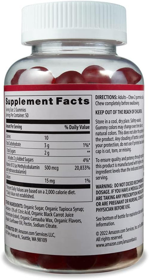 Amazon Basics Vitamin B12 500 mcg Gummies - Normal Energy Production and Metabolism, Immune System Support, Raspberry, 100 Count (2 per Serving) (...