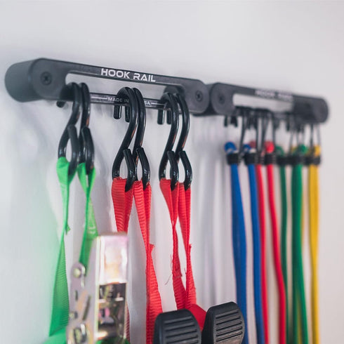 Hook Rail - 2/pk - Organize Your Tie-Down Straps (Ratchet, Cam buckle, Bungee Cords, and more) A low-profile wall-mounted cargo strap management s...
