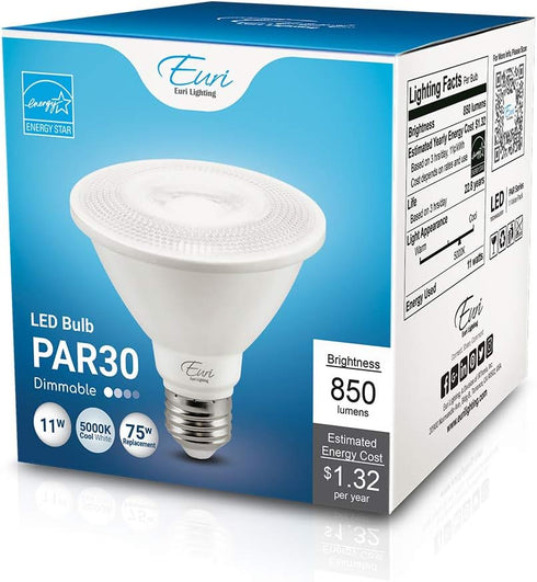 Euri Lighting EP30-11W6050es Dimmable LED PAR30 Short Neck, 11W (75W Equal), Cool White (5000K), 850lm, 80CRI, 40° Beam Angle, Damp Rated, UL, Ene...