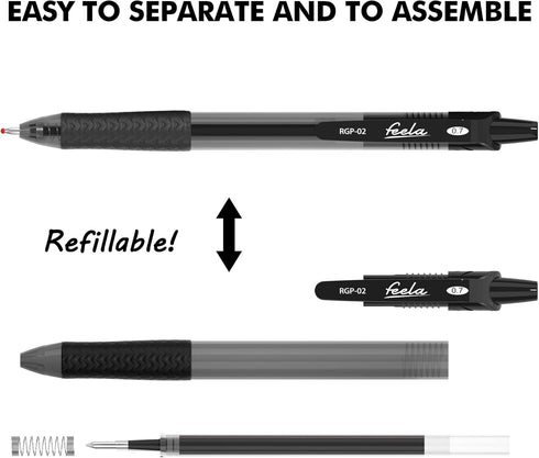 feela 52 Pack Retractable Black Ink Gel Pens, Premium Medium Point Rollerball Pens for School Smooth Writing with Comfort Grip(19 Black with 27 Re...