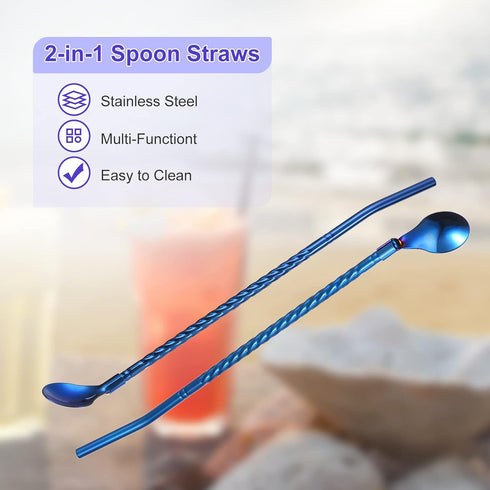 uxcell Stainless Steel Spoon Straws, 4Pcs 8.6" Reusable Metal Long Handle Drinking Straws Spoon for Milkshake Drinks Cocktail, Blue...