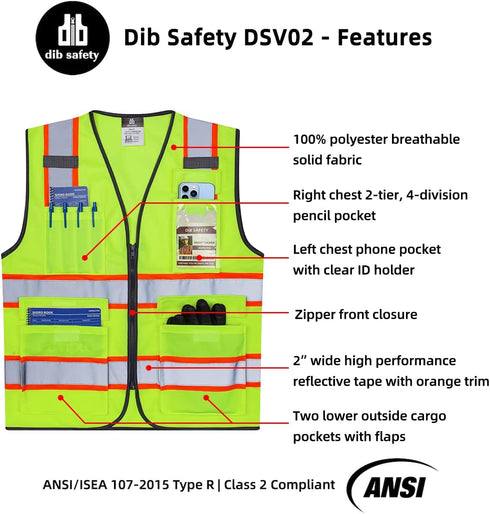 Reflective Vest High Visibility Two Tone with Pockets and Zipper, ANSI Class 2 Compliant, Yellow with Orange Trim XL...