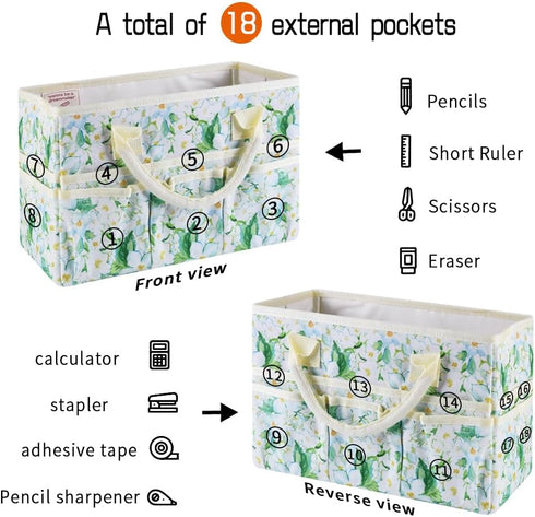 Craft Organizer Tote Bag Art Storage Caddy with Multiple Pockets Storage Containers for Art,Craft,and Office Supplies Storage Jasmine Flower...