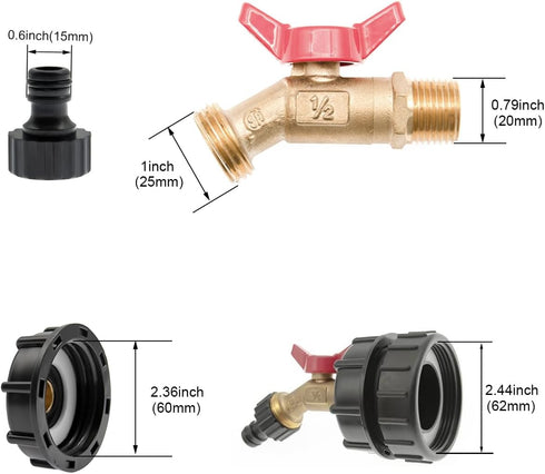 IBC Tote Adapter IBC Tote Fittings 275-330 Gallon Water Tank Adapter 2.44" Fine Thread IBC Tote Valve & Lead-Free Brass Hose Faucet Valve and Gard...
