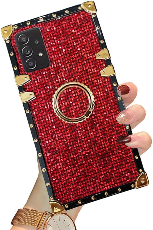 A13 for Samsung Galaxy A13 5G Bling Case,Luxury Bling Glitter Sparkle Cute Gold Square Corner Soft Trunk Cover with Finger Ring Grip Kickstand Pho...