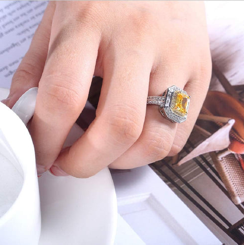 Xiaomei Women 925 Sterling Silver Princess Cut Citrine Ring Cushion Cut Cubic Zirconia CZ Statement Halo Engagement Ring Wedding Jewelry Size 6-10...