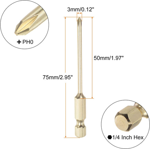 5pcs PH0 Phillips Head Screwdriver Drill Bit 3" Length 0.12" Dia 1/4 Inch Hex Shank S2 Steel Magnetic Cross Head for Power Tool...