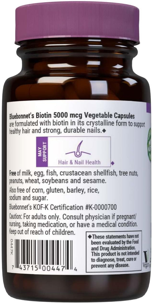 Bluebonnet Nutrition Biotin 5000 mcg, Hair & Nail Support*, Non-GMO, Vegan, Kosher Certified, Gluten-Free, Soy-Free, Dairy-Free, 60 Vegetable Caps...